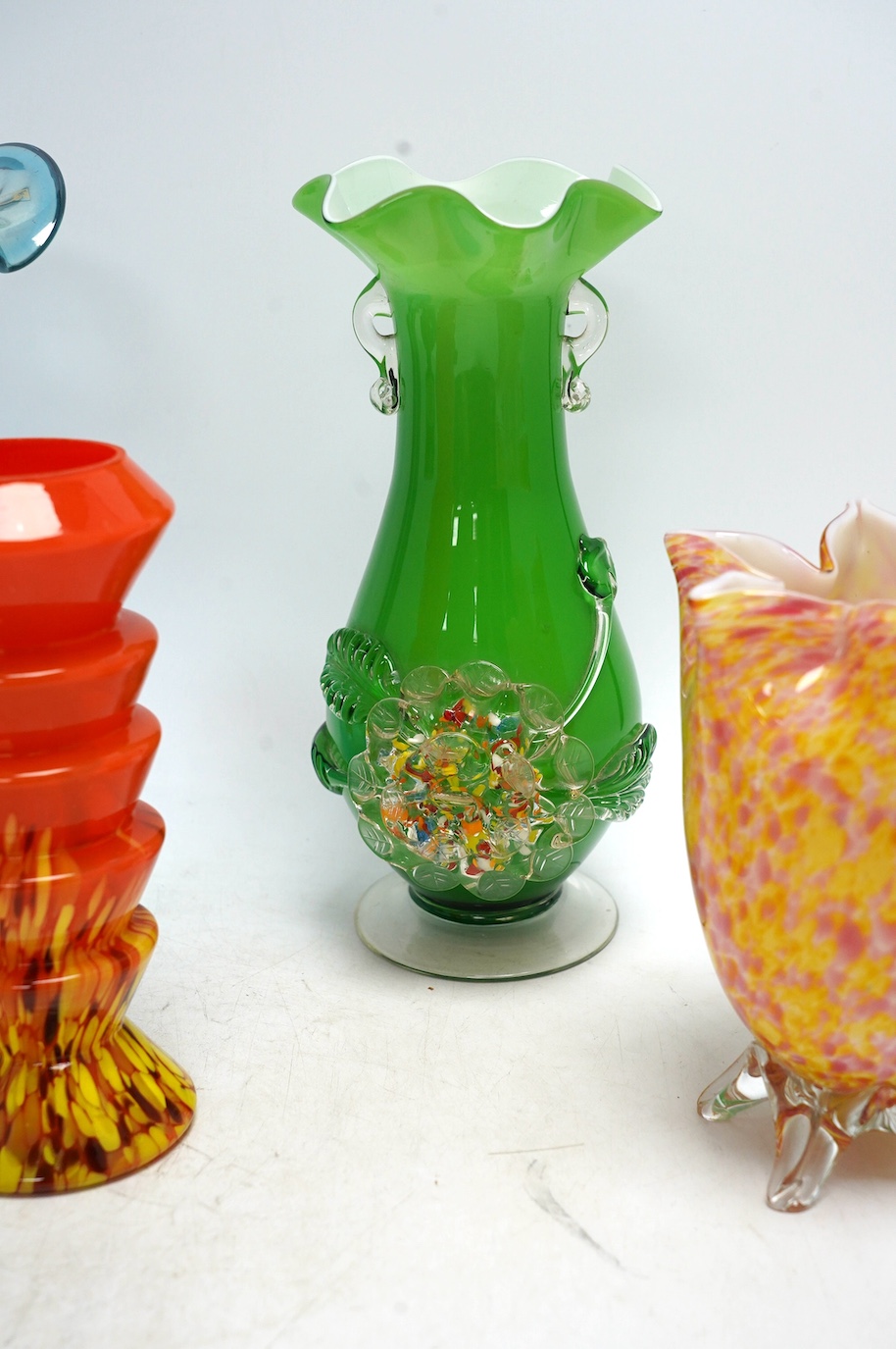 Five ornamental coloured vases, including a Mdina Tiger vase and a Viking vase, tallest 25cm high. Condition - fair to good, no visible cracks